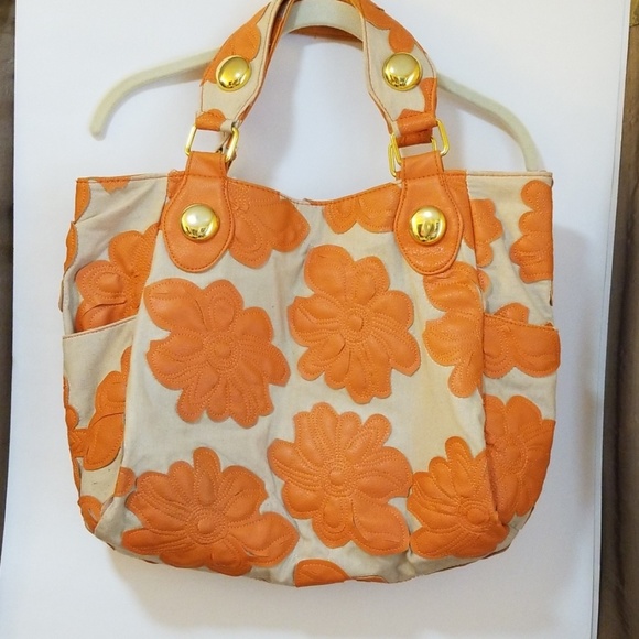 Big Buddha Handbags - Big Buddah Canvas Tote w/Orange Cut-Out Flowers